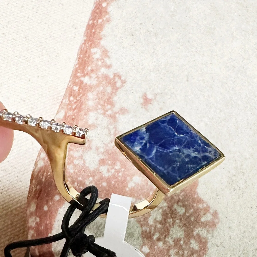 NWT Noir Blue Gold Statement Ring 18K Gold Plating Rhinestone‎ Bar 2 finger 6